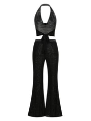Black Rhinestone Cowl Neck Crop Tie Up Top And Wide Leg Pants Set