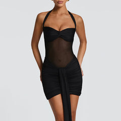 Mesh Patchwork Halter Bandage Wrap Bodycon Mini Dress