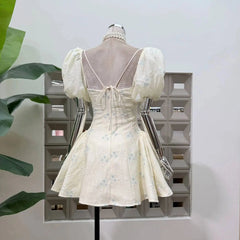 Puff Sleeve Square Collar Embroidery Mini Dress
