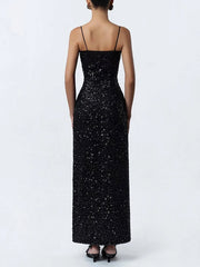 Black Sequin Spaghetti Strap Cowl Neck Midi Dress