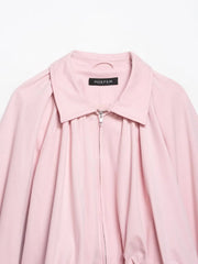 Short Pink Balloon Sleeve Bomber Pleated Zipper Jacket