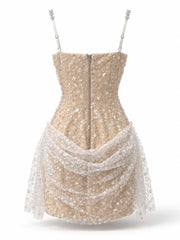 Sequin Layered Bow Dimond Strap A-Line Mini Dress
