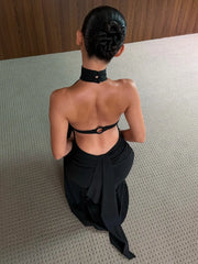 Halter Neck Backless Hollow Out Back Tie‑Up Ruffle Hem Mermaid Midi Dress