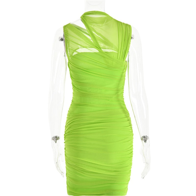 Green Mesh Ruched Neck Cut Out Design Bodycon Mini Dress
