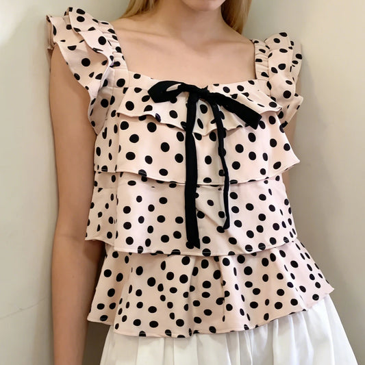 Polka Dot Square Neck Bow Tie Sleeveless Layered Blouse