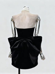 Black Diamonds Trim Velvet Strapless Bowknot Mini Dress