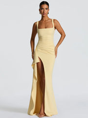 Square Neck Strap Thigh High Split Draped Long Dress