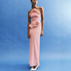 Pink Halter 3D Flower Ruffle Maxi Dress