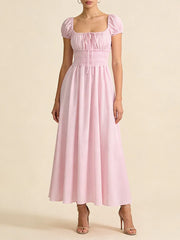 Striped Short Sleeve Ruched Bow Midi Dress