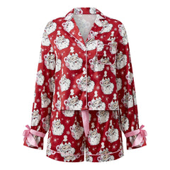 Christmas Satin Button Down Shirt And Pajama Shorts Set