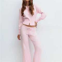 Ribbed Button Up Cardigan Top And Tracksuit Set