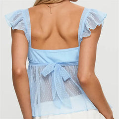 Blue Sheer Square Neck Ruffle Strap Top