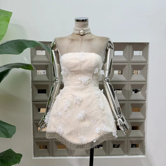 Beaded Tassel Hem Lace 3D Applique Strapless Mini Dress