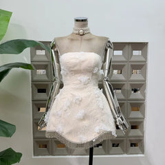 Beaded Tassel Hem Lace 3D Applique Strapless Mini Dress