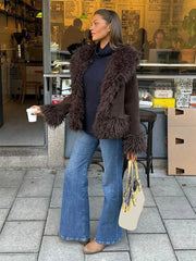 Faux Fur Plush Lapel Brown Jacket