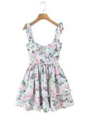 Print Corset Style Bow Strap Tiered Ruffled Mini Dress