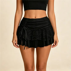 Floral Lace Ruffle Side Drawstring Mini Skirt