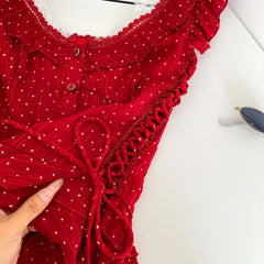Red Polka Dot Lace Up Ruffle Sleeve Corset Top