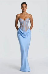 Strapless Lace Corset Satin Drape Maxi Dress