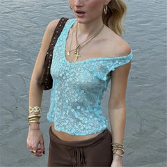 Blue Sequin Mesh Tank Top