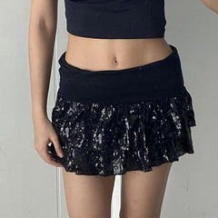 Black Sequins Tiered Layered Mini Skirt