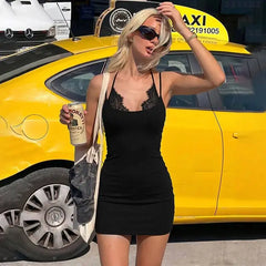 Lace Patchwork Spaghetti Strap Mini Dress