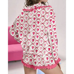 Heart Print Satin Pajama Loungewear Set