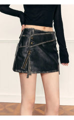 PU Leather High Waist A-Line Zipper Design Belted Mini Skirt