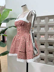 Flare Square Neck Plaid Mini Dress
