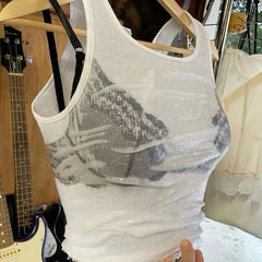 Wet Effect Sheer Bralette Layred White Tank Top