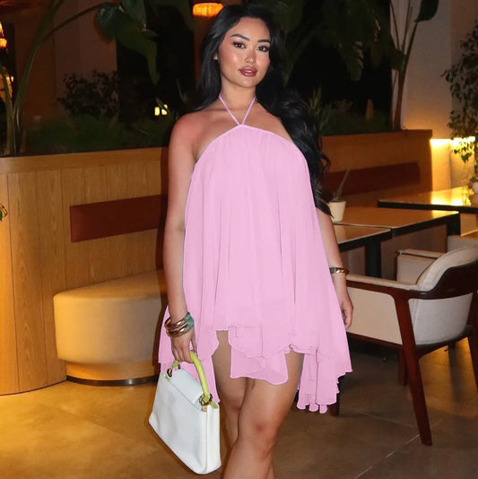 Chiffon Halter Flare Mini Dress