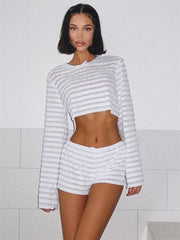 White Stripe Long Sleeve Crop Top And Shorts Set