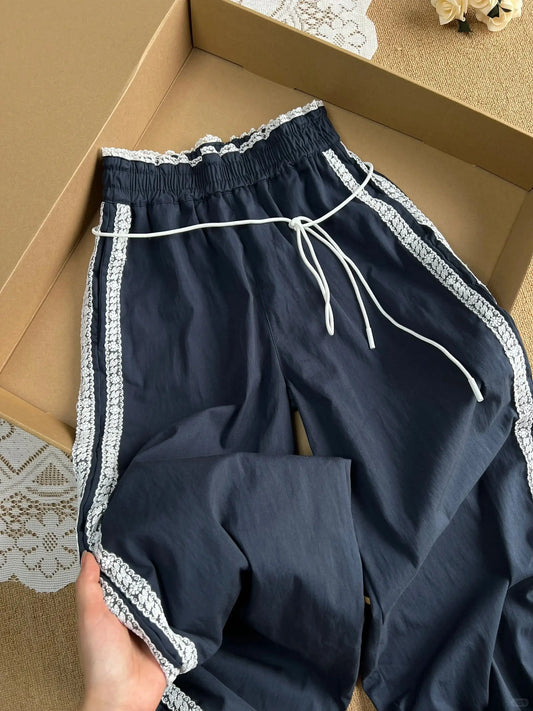 Blue Lace Side Patchwork Wide Leg Joggers