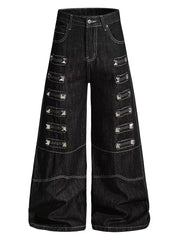 Black Rivet Metal Buckle Embellishment Wide Leg Jeans