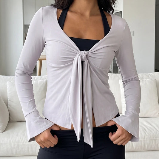 Knotted Front Tie Bell Sleeve Crop Top