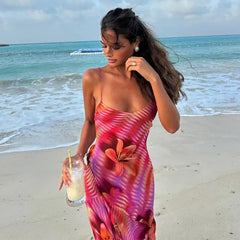 Flower Printed Strap Beach Maxi Dress