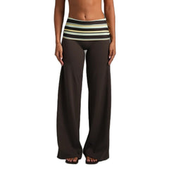 Brown Striped Fold Over Waist Long Yoga Pants