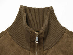 Brown Faux Suede Stand Collar Zip Up Bomber Jacket