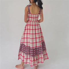 Colour Block Plaid Tie Shoulder Strap Maxi Dress