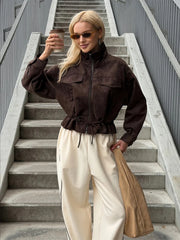 High Neck Snap Button Drawstring Crop Jacket
