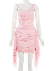 Pink Draped Tassel Mesh Sleeveless Mini Bodycon Dress