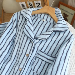 Fuzzy Stripe Button Down Long Sleeve Shirt And Pants Pj Set