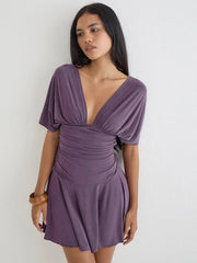 Deep V-neck Short Sleeve Solid Ruched Mini Dress