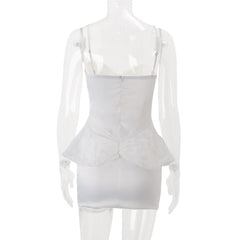 White Bow Sweetheart Spaghetti Strap Lace Overlay Sheer Mini Dress