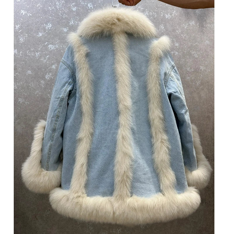 Fur Collar Denim Patchwork Coat