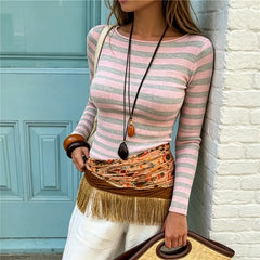 Striped Ribbed Boat Neck Long Sleeve Top
