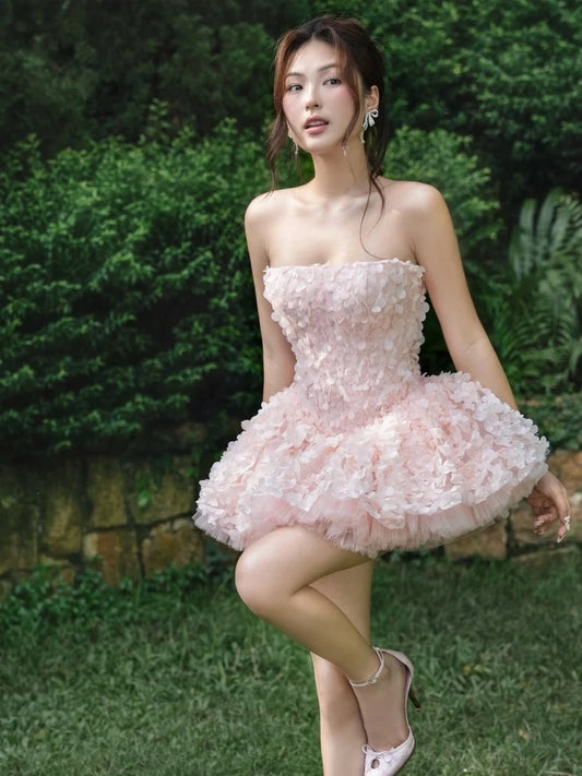 Strapless 3D Flower Appliques Frill Mini Dress