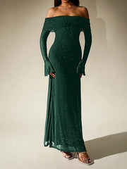 Off-Shoulder Flared Long Sleeve Sequined Maxi Dress