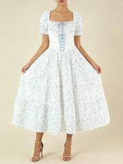 Blue Printed Corset Lace Up Puff Sleeve Maxi Dress