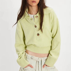 Knit Solid Long Sleeve Lapel Button Down Pullover